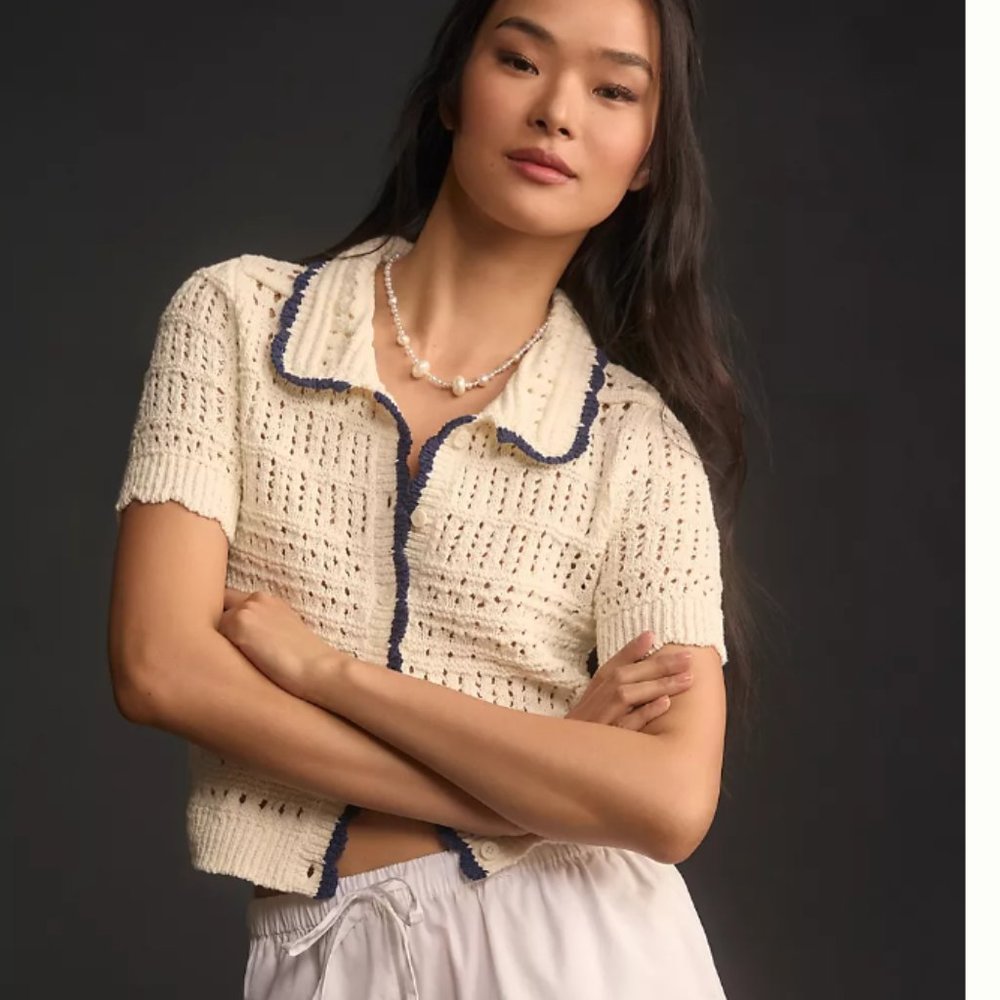 Maeve Short-Sleeve Open-Stitch Polo Cardigan Sweater (Medium)